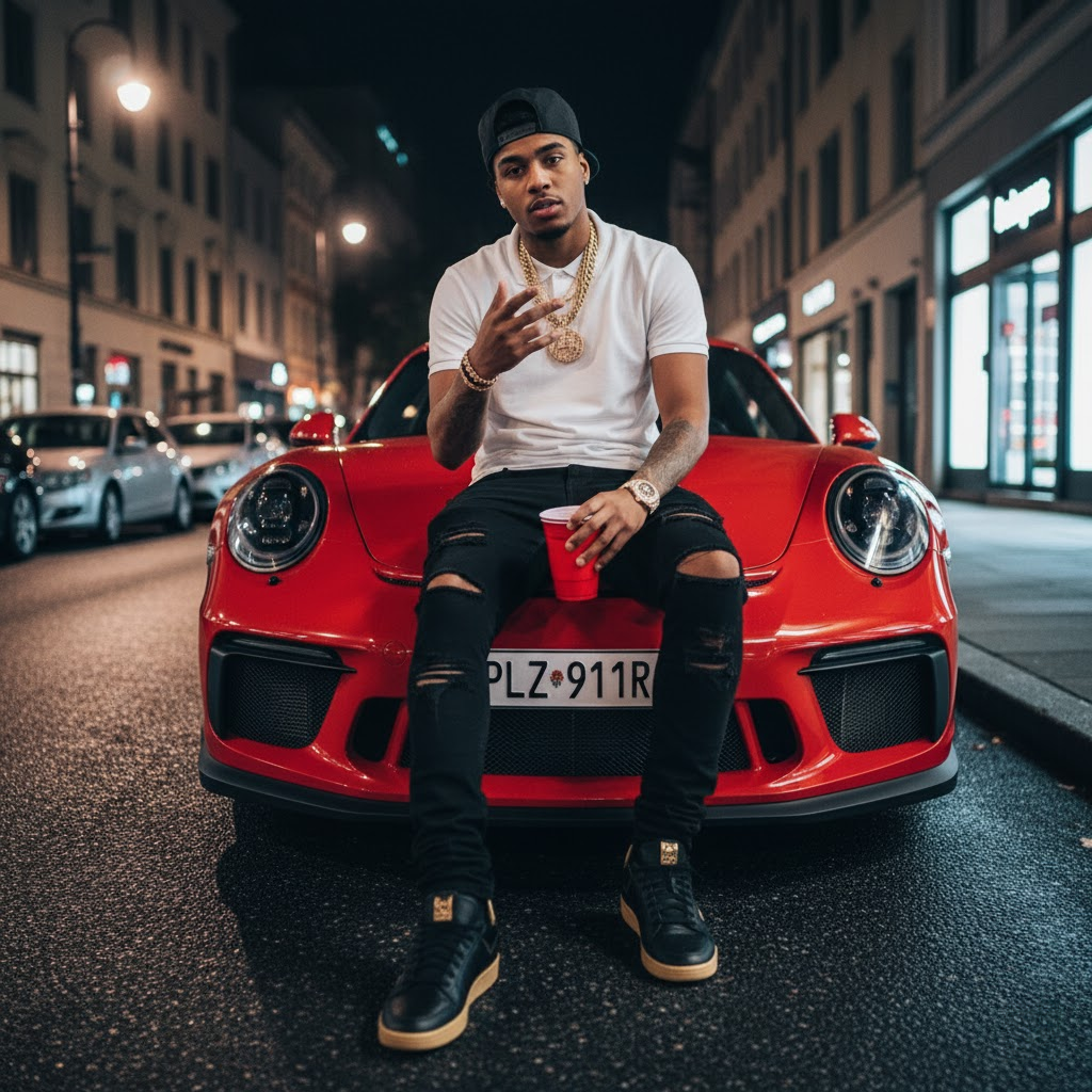 A stylish male model lounging on a red Porsche 911 GT3 RS at night, surrounded by urban lights and reflections.