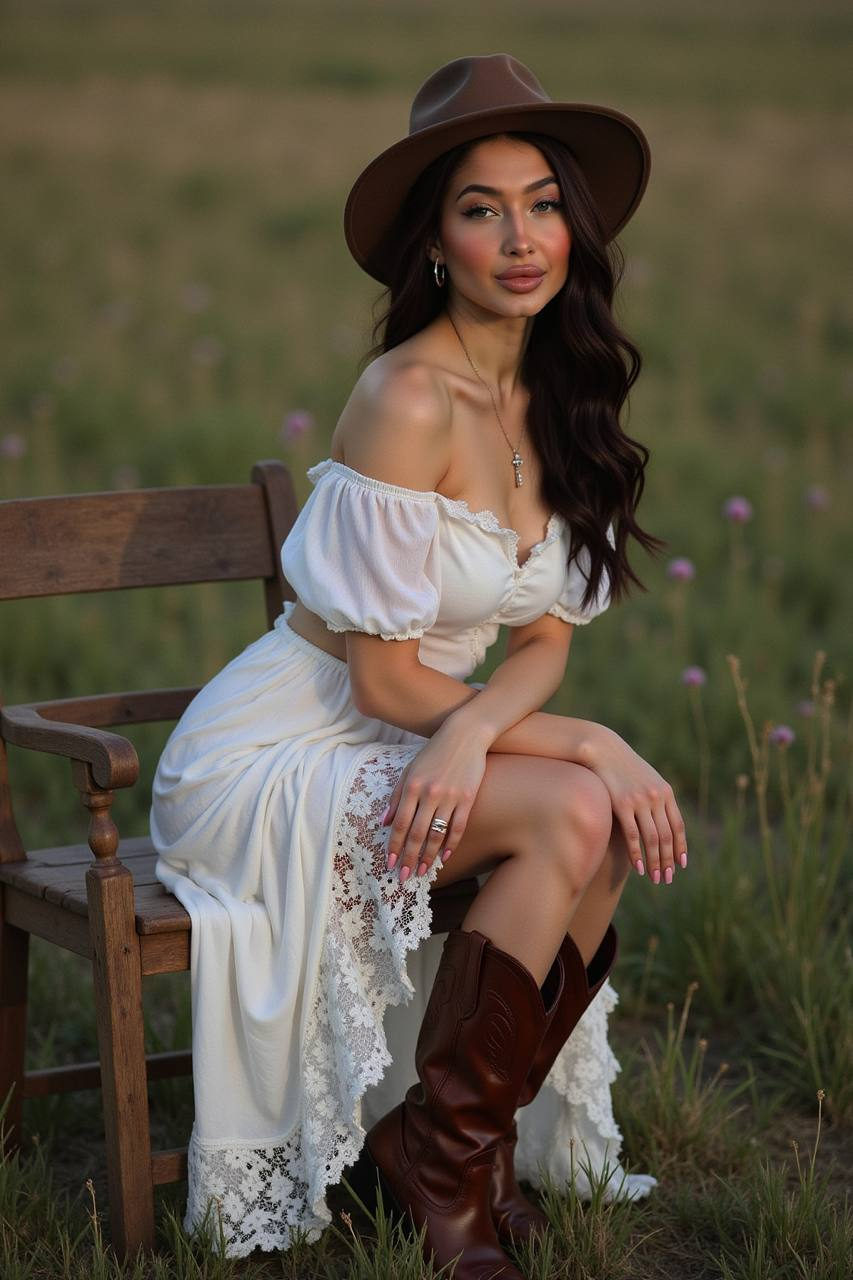 A woman in a flowing lace skirt and off-shoulder blouse sitting on a rustic chair in a grassy field, exuding calm strength.