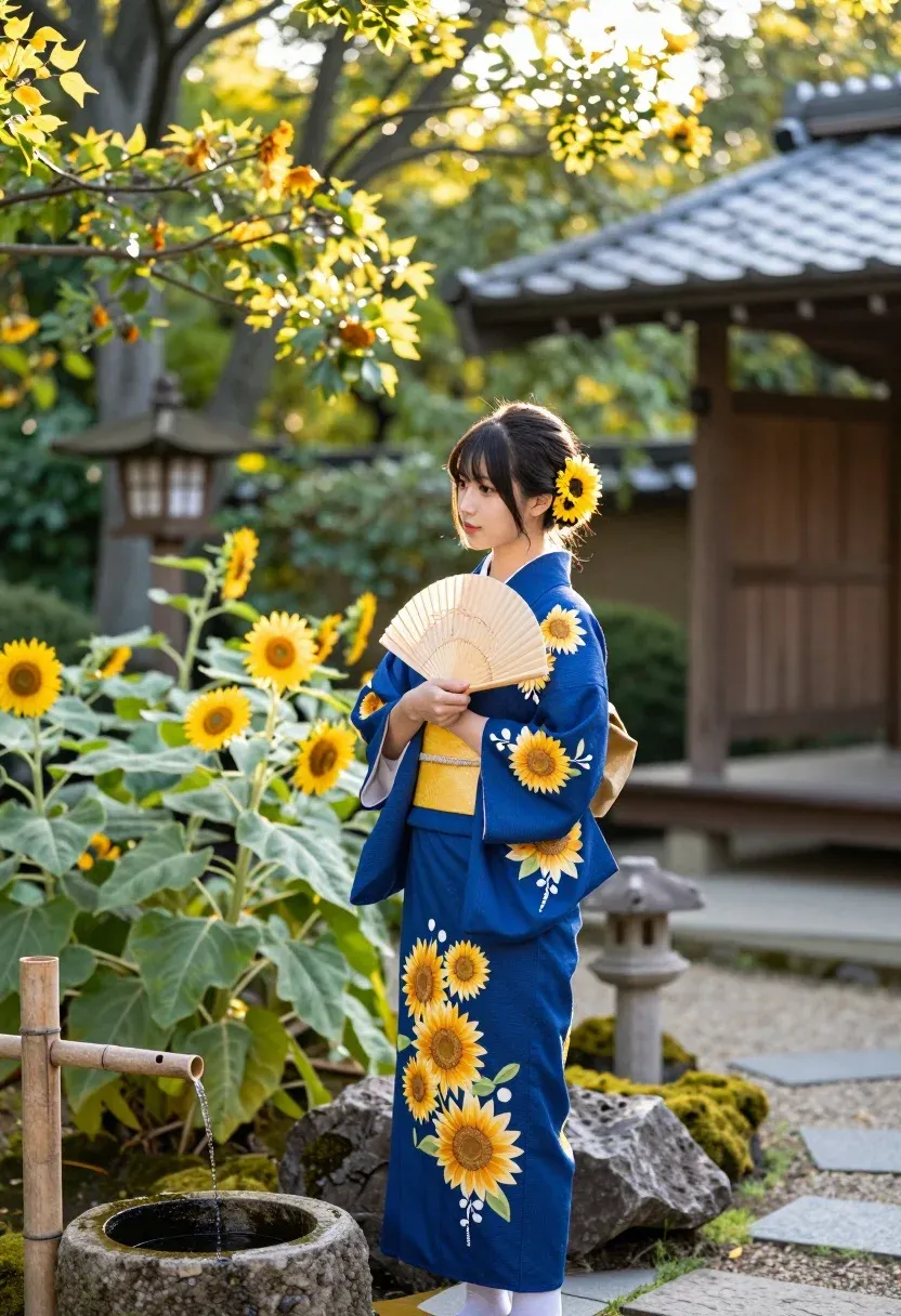 Serene Young Woman Stands Lush Japanese Garden Wearing Deep Blue