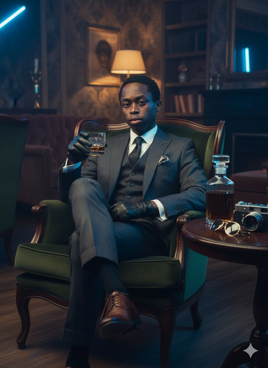 A young man in a tailored grey suit sitting in a vintage armchair with a glass of whiskey, exuding charisma and power in a moody lounge.