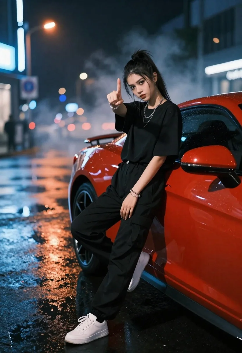 Young Woman With Long Dark Hair Tied High Ponytail Sits