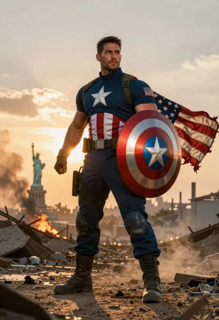 Muscular Man Stands War-torn Landscape Holding Circular Shield With Red