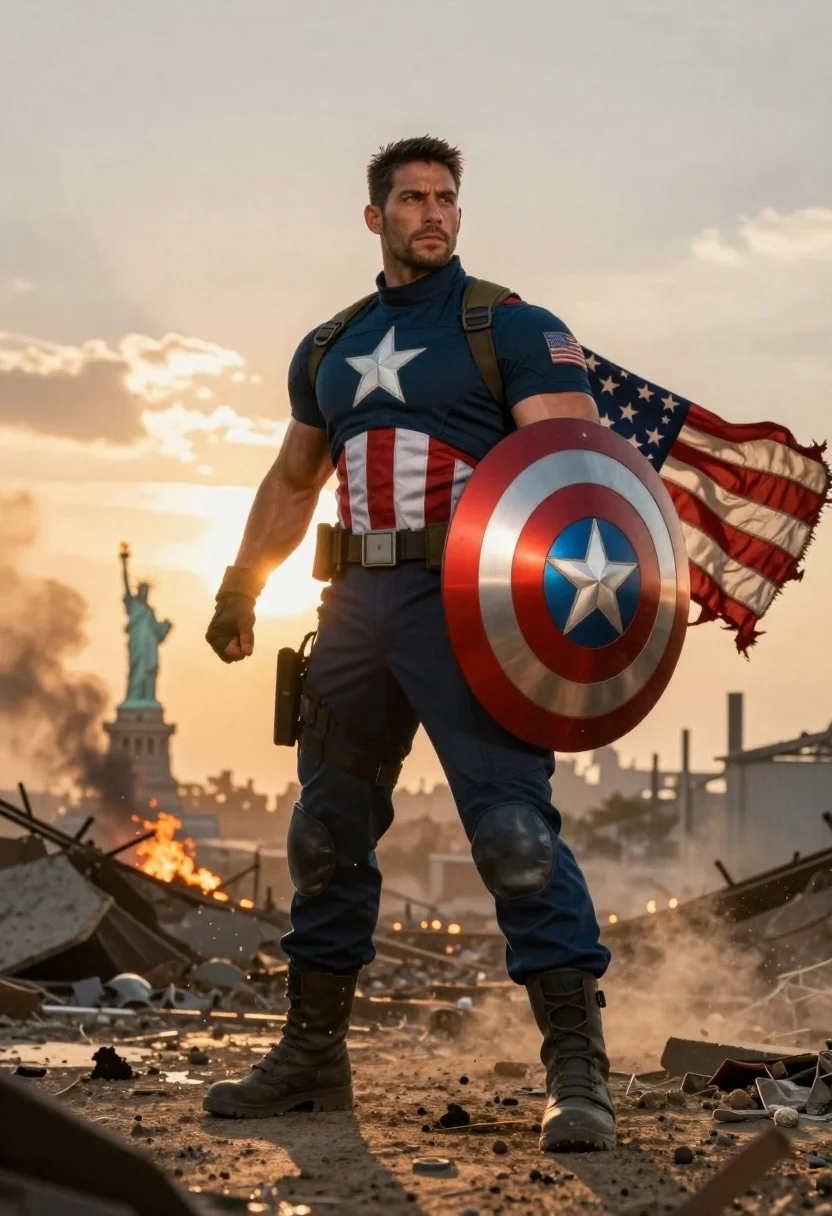 Muscular Man Stands War-torn Landscape Holding Circular Shield With Red