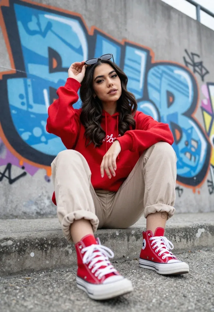 Young Woman With Long Dark Wavy Hair Sits Casually Concrete