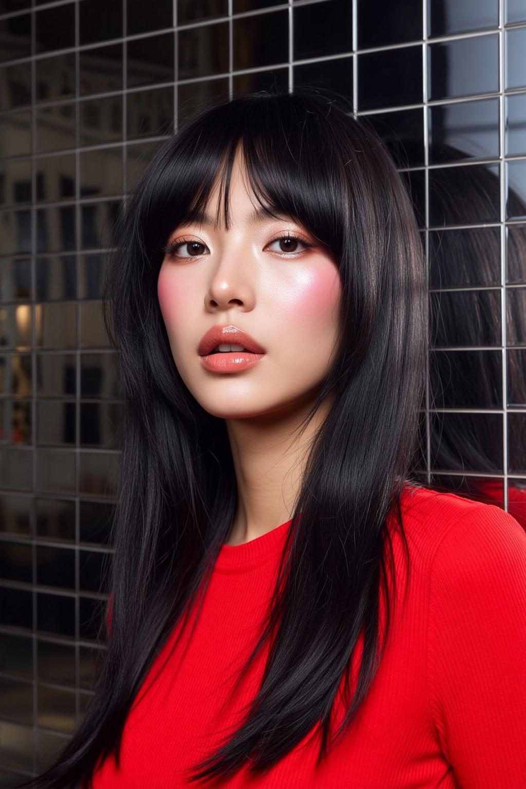 Young Woman Studio Fashion Portrait Black Hair Red Shirt