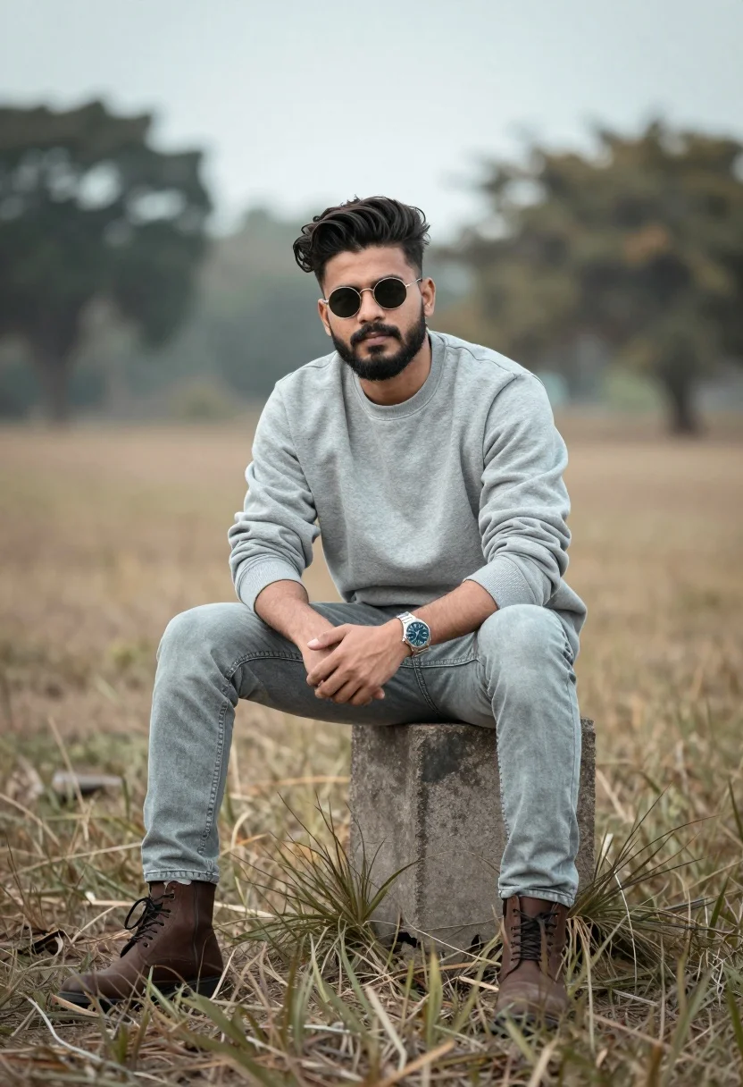 Man Sits Casually Concrete Block Open Field With Dry Grass