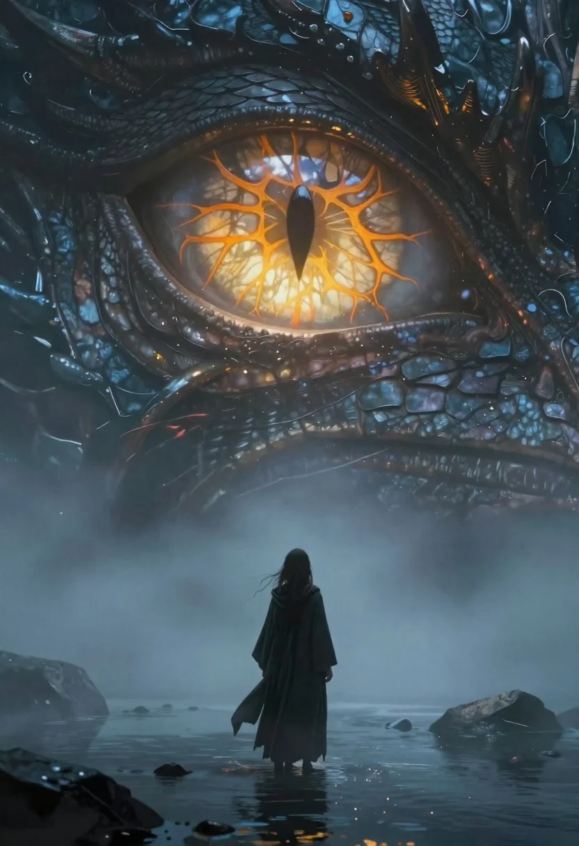 Cinematic Fantasy Scene Featuring Lone Figure Standing Shallow Water Before reference photo
