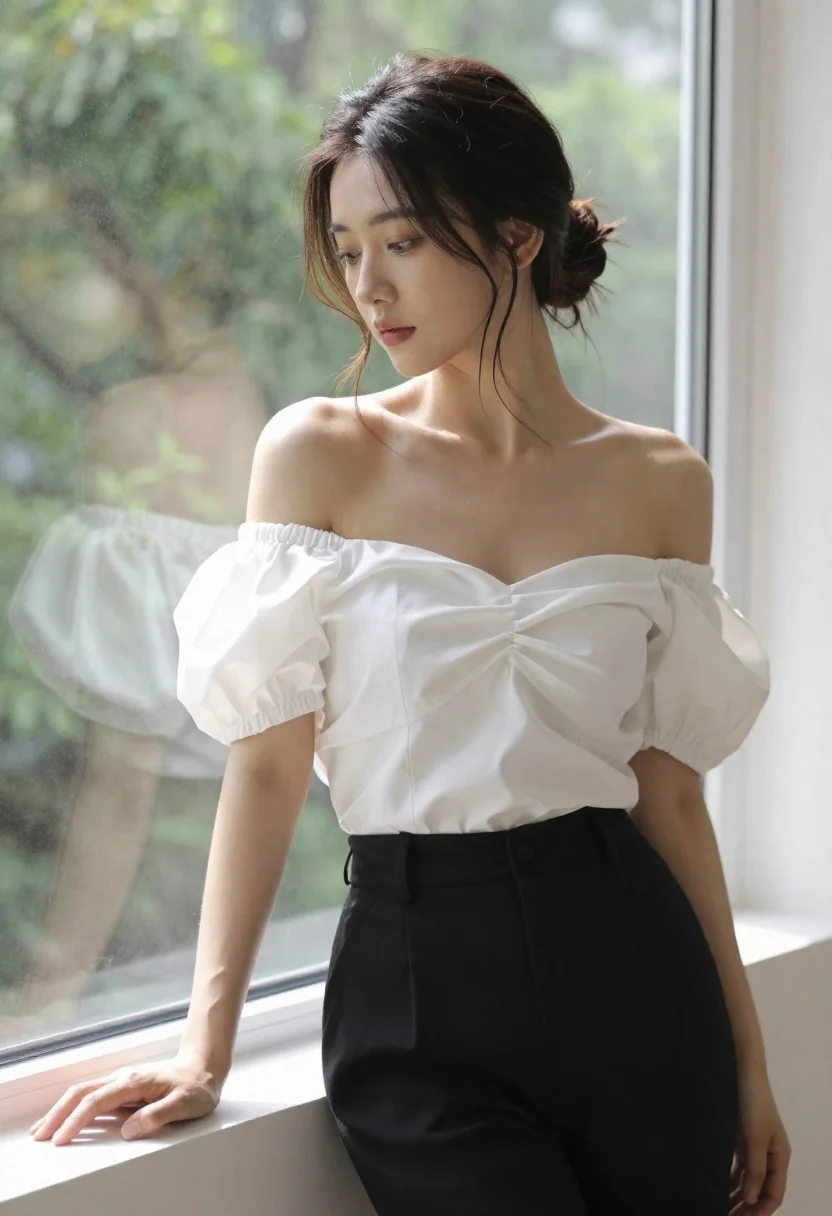 Woman With Dark Hair Styled Loose Updo Stands Window Looking