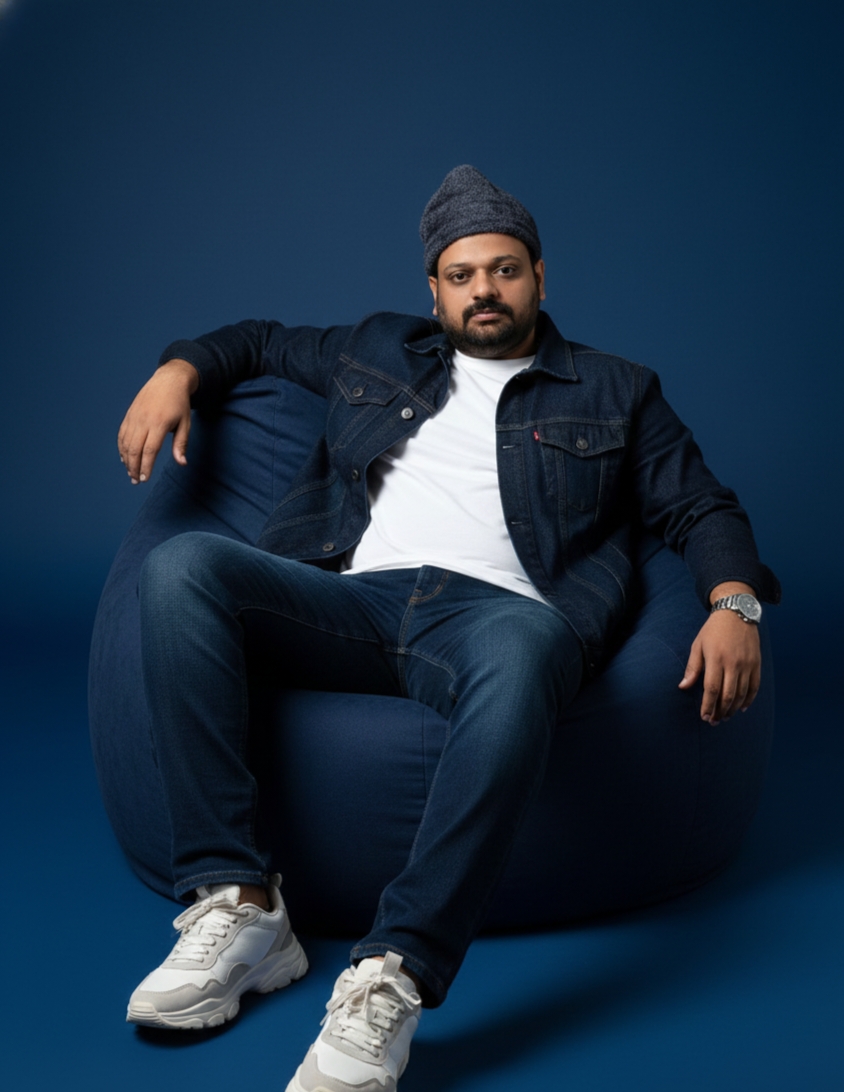 Cool person sitting on an air couch in a vibrant setting.