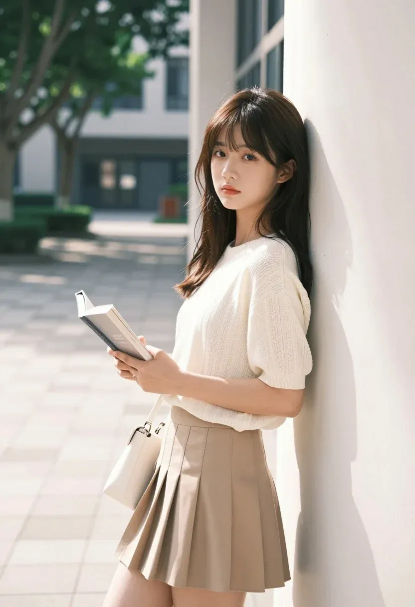 Young Woman With Long Dark Hair Leans Against Light-colored Wall