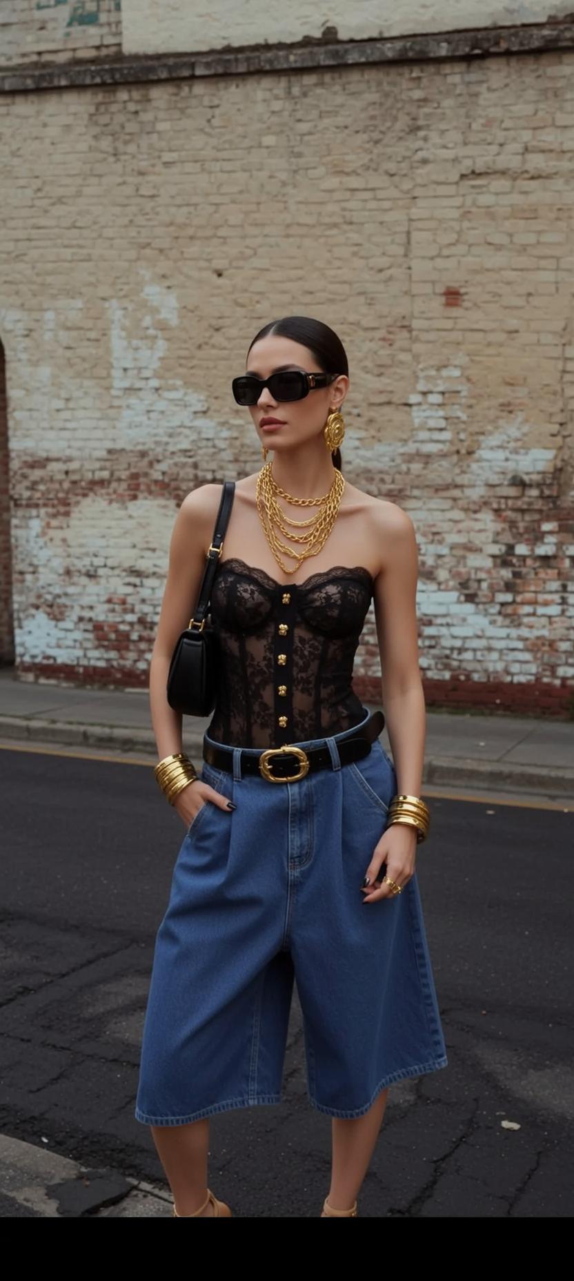 Black Handbag Gold Black Lace Corset Urban Street Asphalt Road