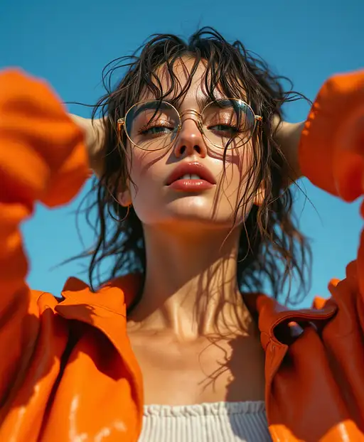 Close-up of a stunning 22-year-old woman with wet hair, wearing a cropped orange leather jacket, against a blue sky.