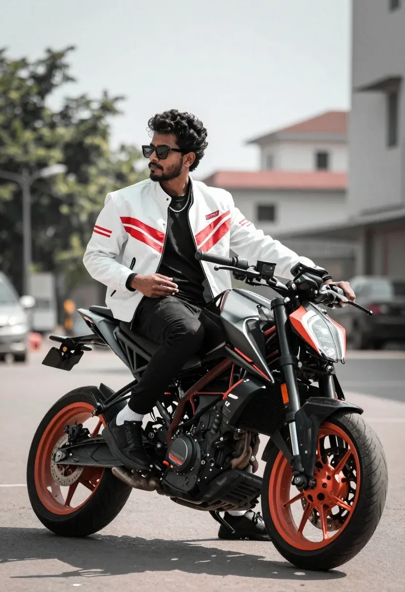 Man Sits Confidently Black Motorcycle Urban Setting Subject Man With