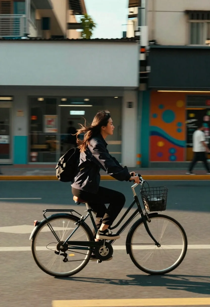 Subject Young Woman With Long Hair Riding Bicycle Through Urban reference photo