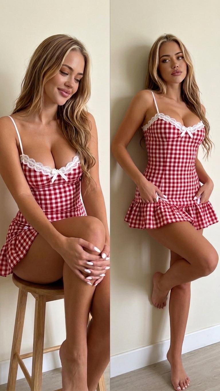 A woman in a red and white gingham dress seated on a stool, with arms crossed over her knees, against a light beige wall.