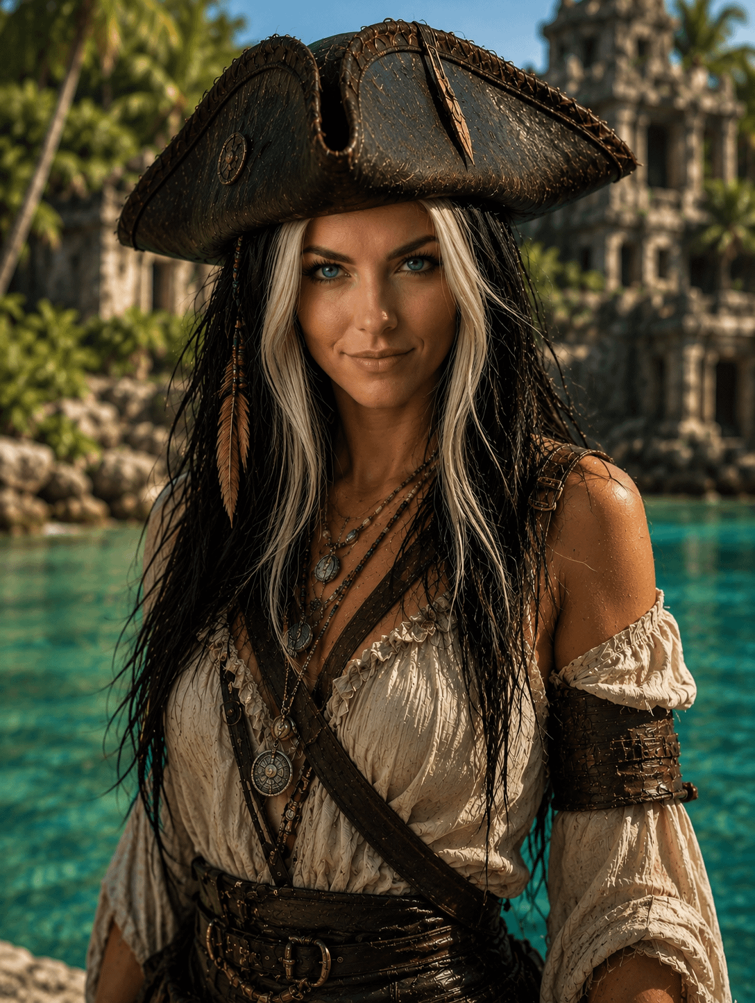 Pirate Character Tricorn Hat Peasant Blouse Corset Belt