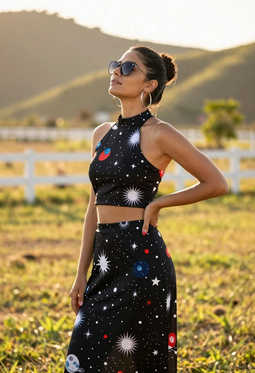 Confident Woman Stands Profile Against Blurred Outdoor Backdrop Rolling Hills reference photo