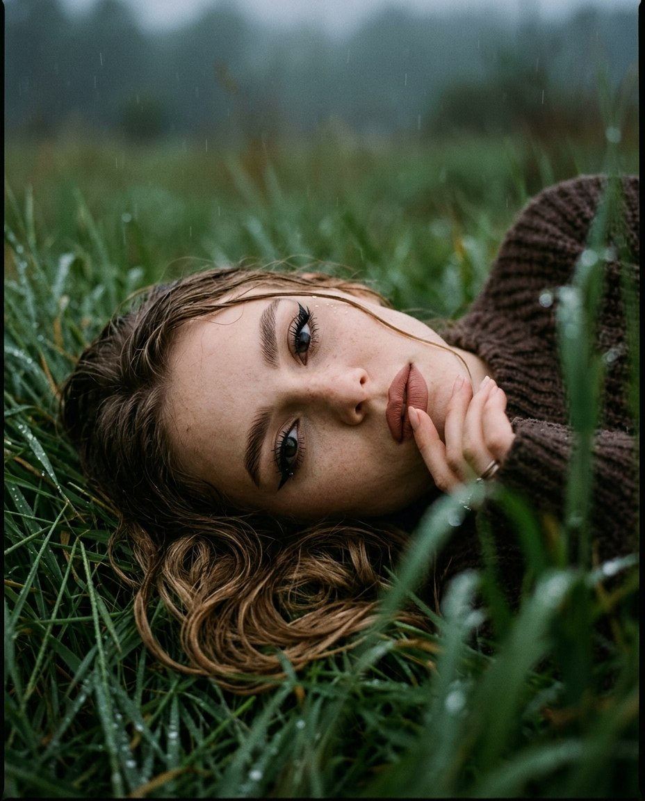 Close-up of a girl with calm gaze, wearing a dark knit sweater, lying in green grass during light rain.