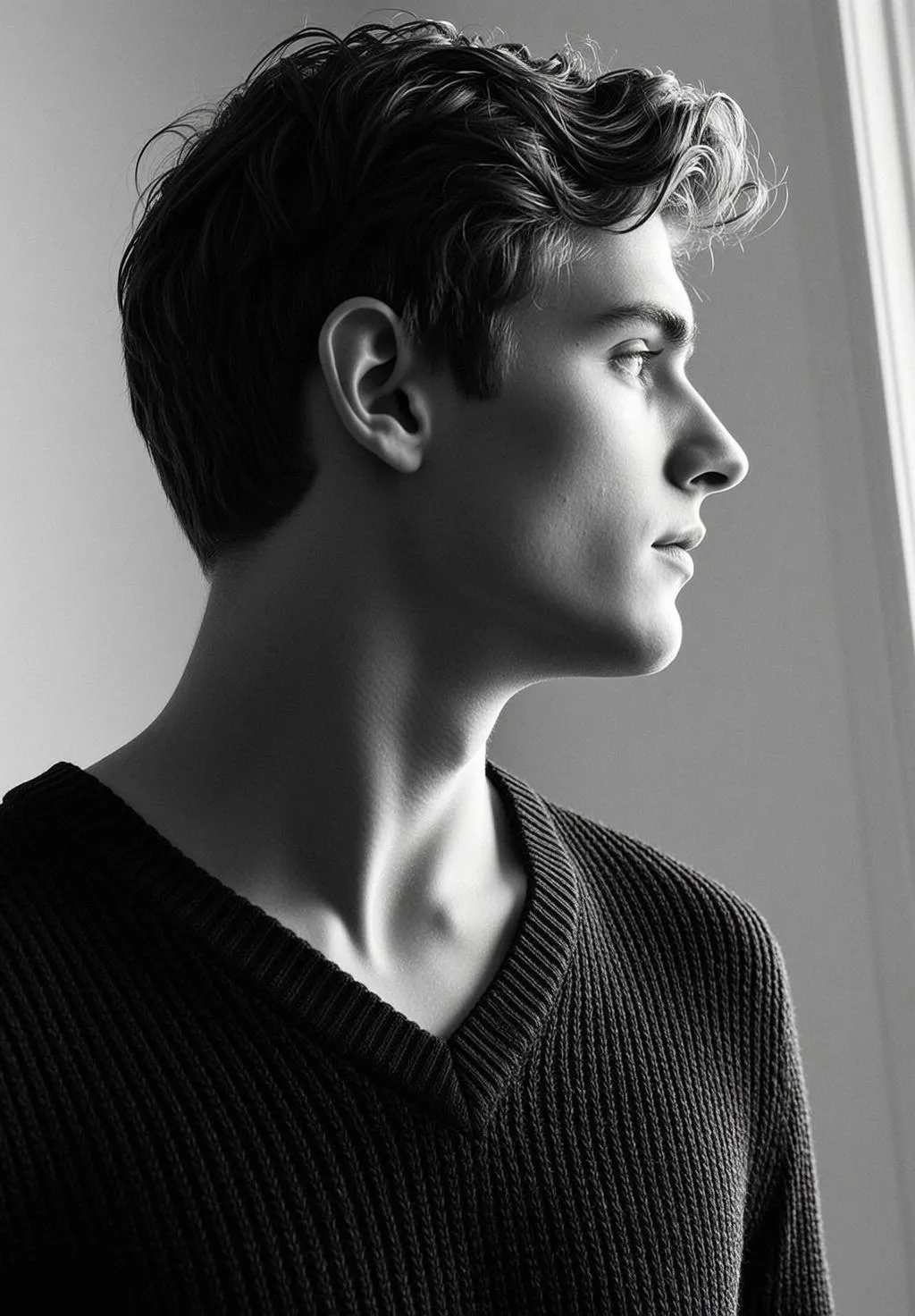 Photorealistic Black And White Medium Shot Portrait Young Man Profile