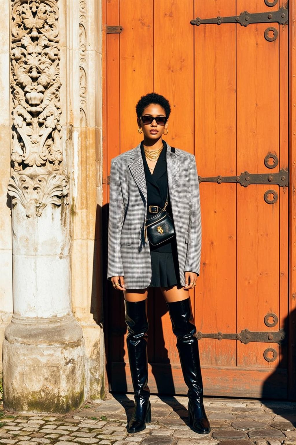 Black Outfit Houndstooth Blazer Outdoors