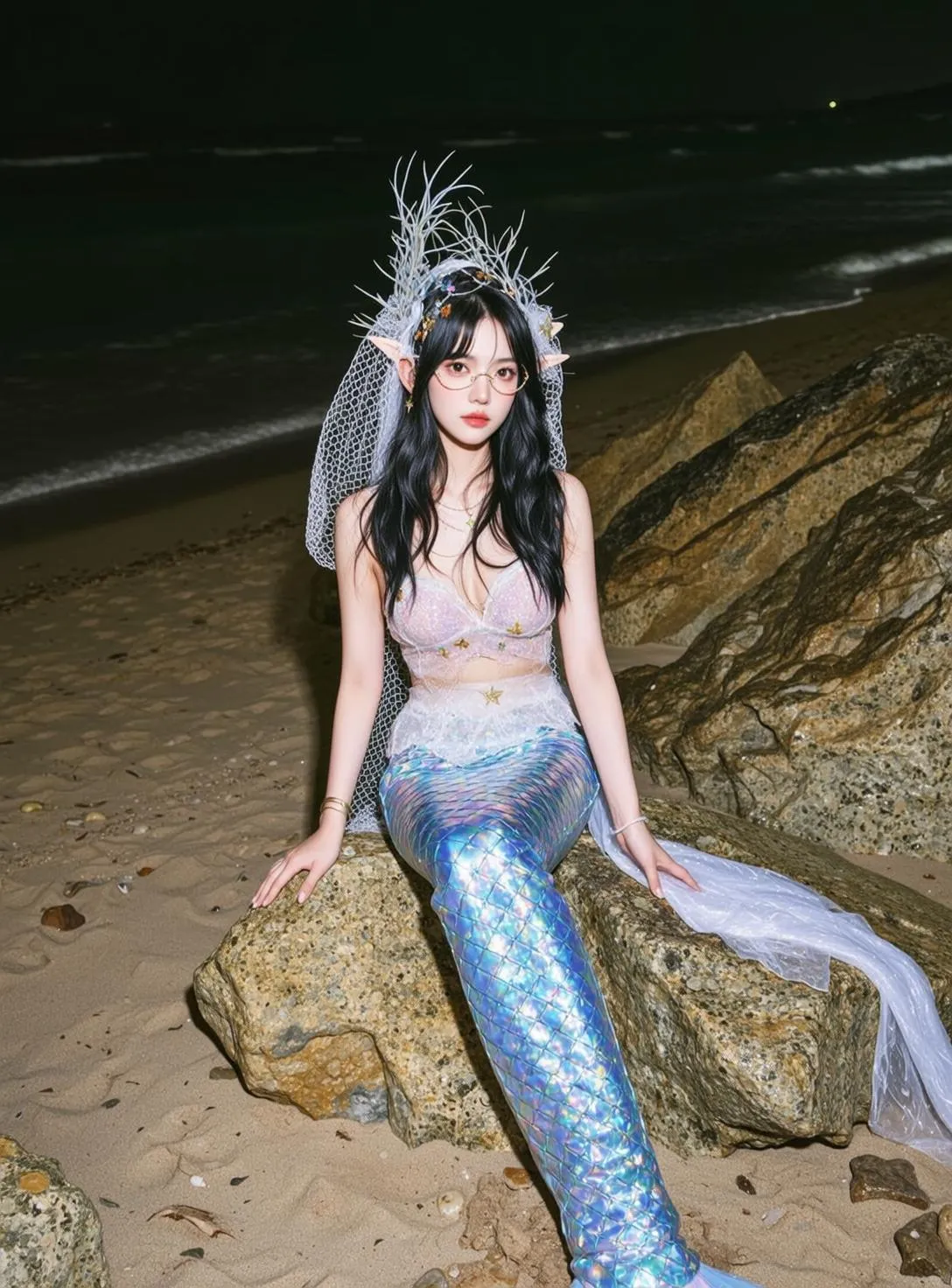 Glasses Elf Ears And Mermaid Tail On Moonlit Beach