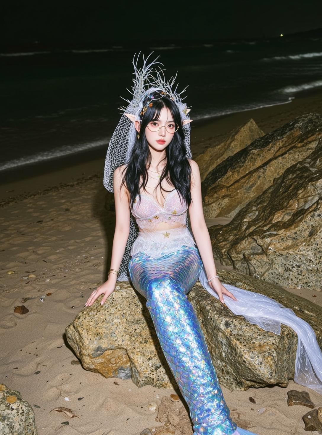 Mermaid Tail Moonlit Beach Scene