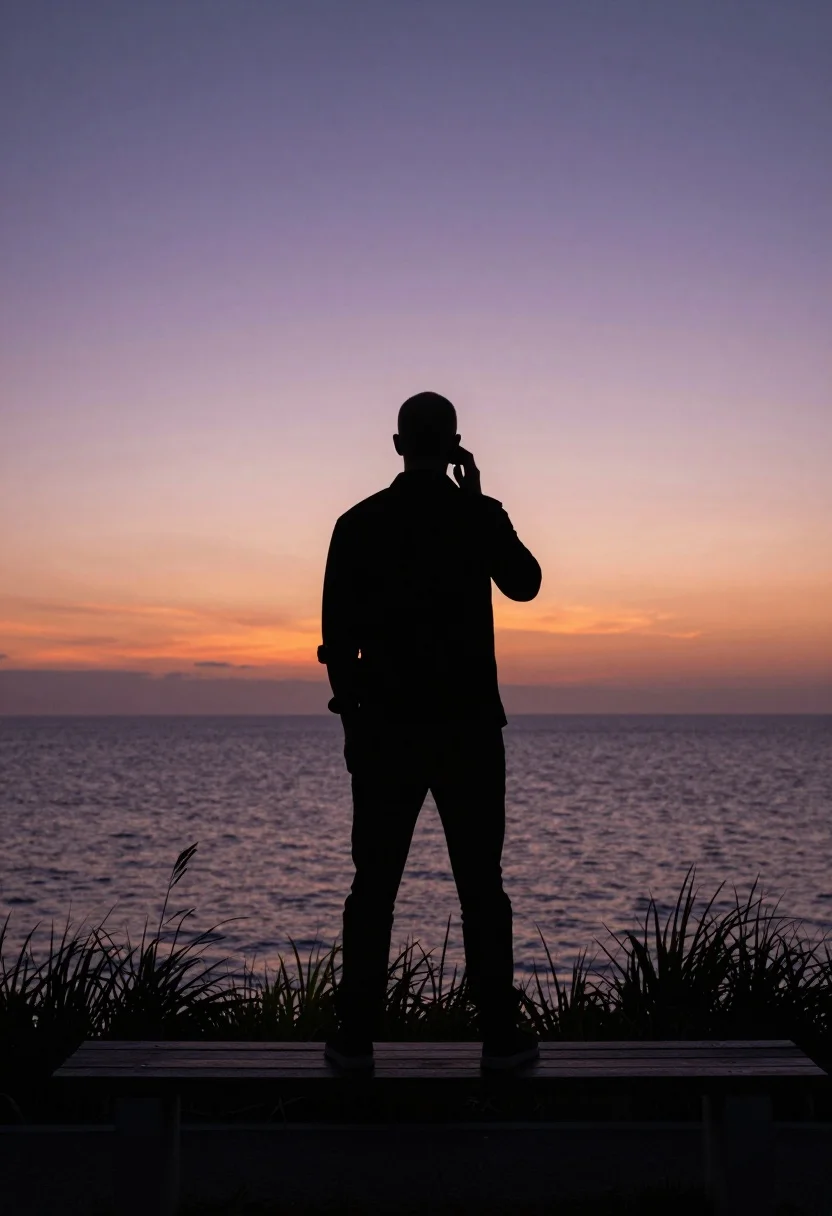 Solitary Silhouette Man Standing Bench Facing The Ocean During Twilight
