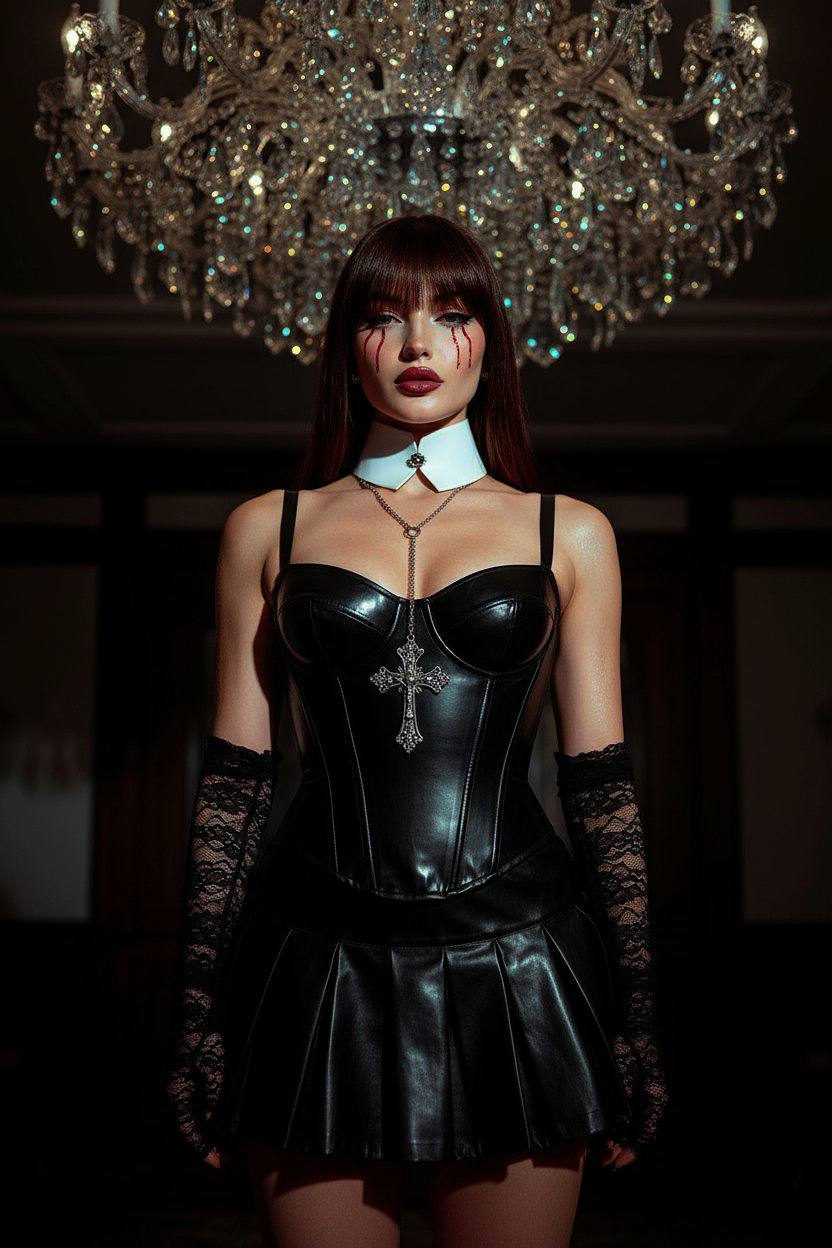 A dramatic portrait of a woman resembling a gothic nun, featuring a black latex corset, lace gloves, and a striking white collar with a metallic cross.