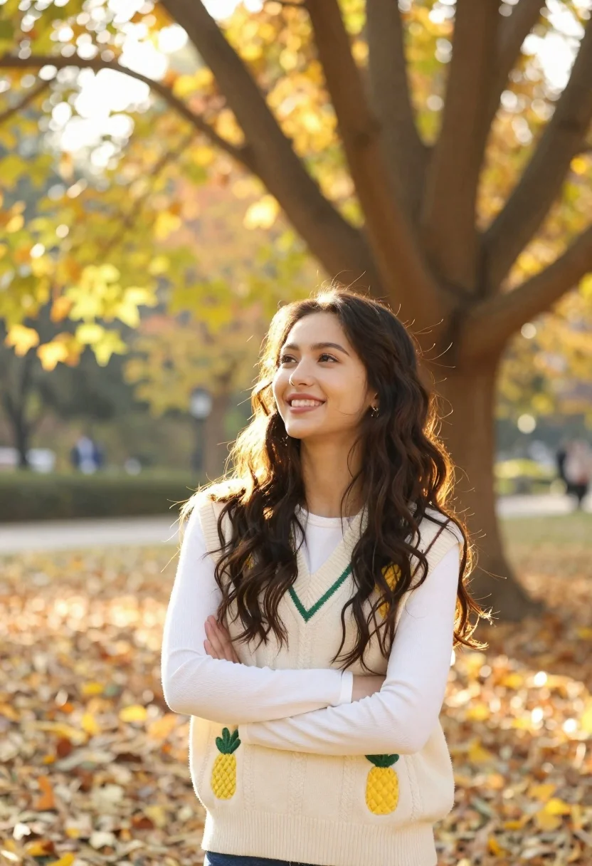 Smiling Young Woman With Long Dark Hair Stands Sunlit Park reference photo