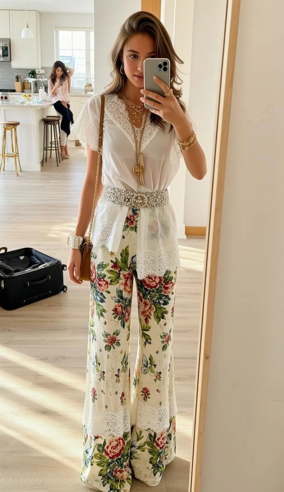 Cowgirl Stands Facing Holding Smartphone Her Right