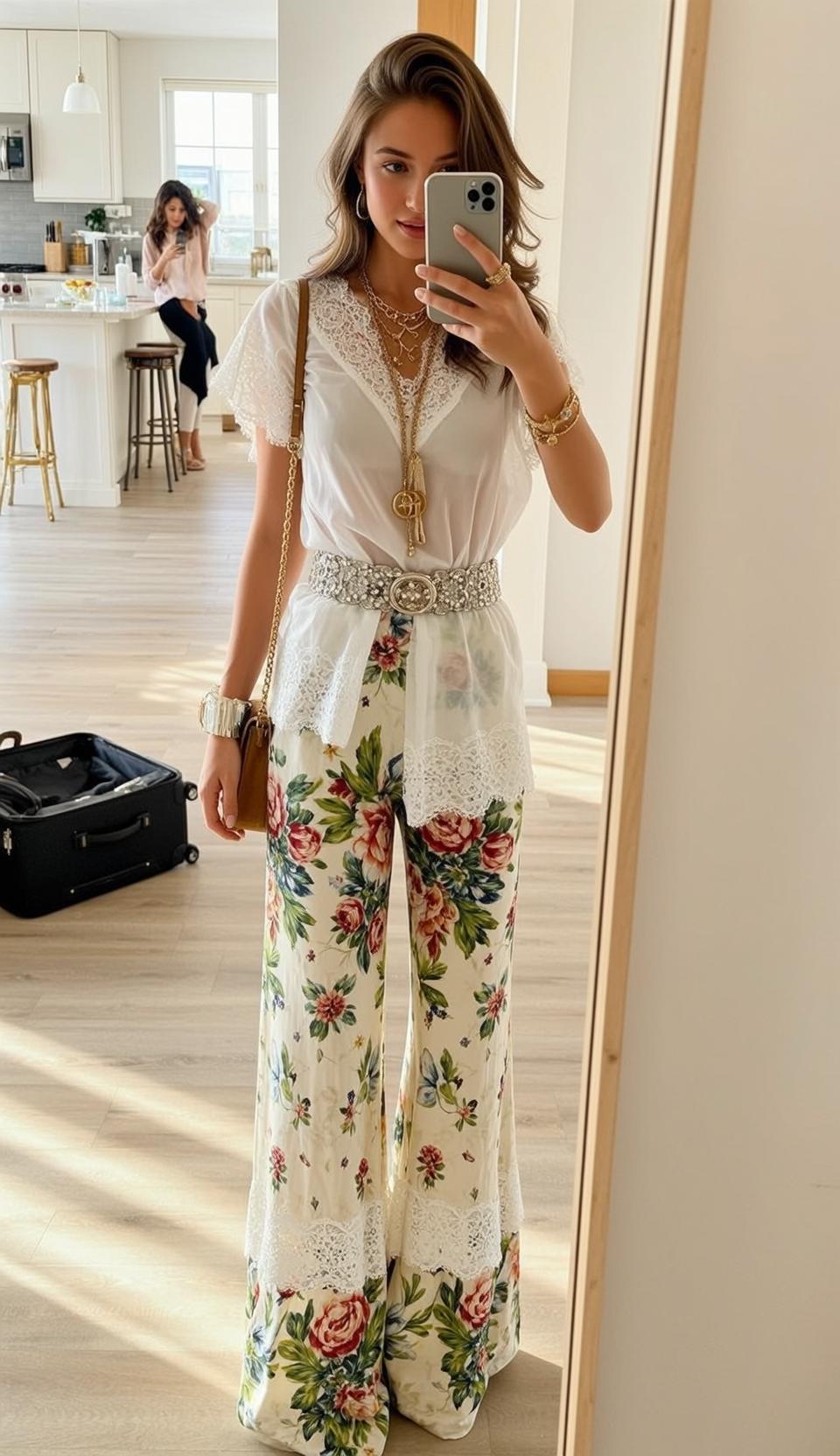 Cowgirl Stands Facing Holding Smartphone Her Right