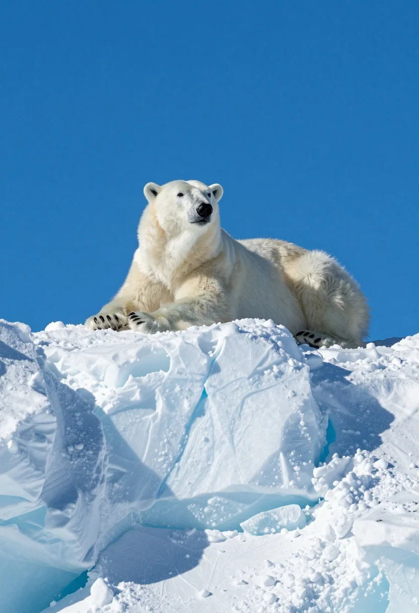 A majestic polar bear with thick fur resting on rugged snow-covered ice under a bright blue sky.