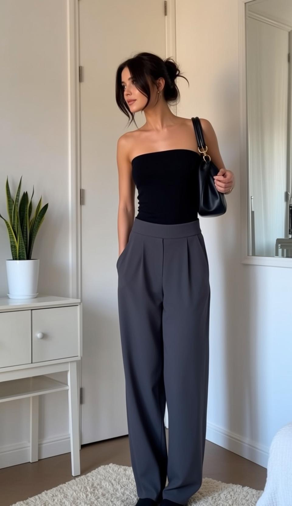Black Pants Bun Hair Bedroom Standing