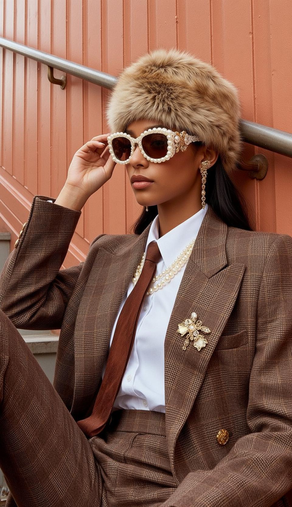 Woman On Steps Adjusting Pearl Sunglasses
