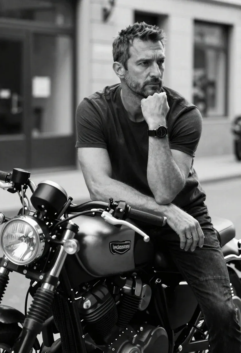 Black And White Street Photography Portrait Man Leaning His Motorcycle