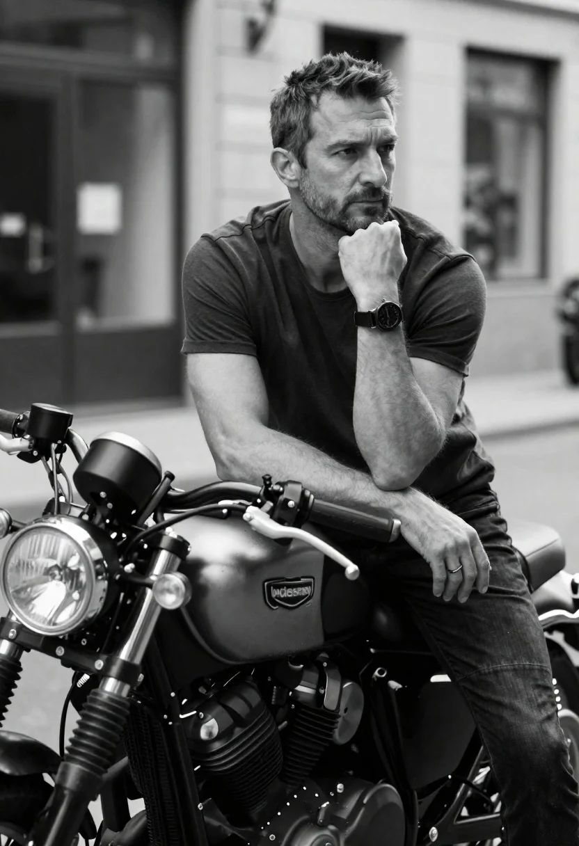 Black And White Street Photography Portrait Man Leaning His Motorcycle reference photo