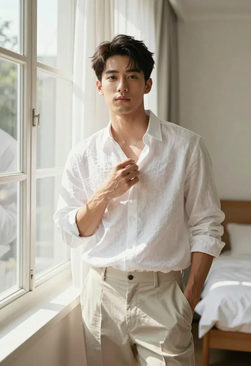 Handsome Young Man With Dark Hair Stands Sunlit Room Looking