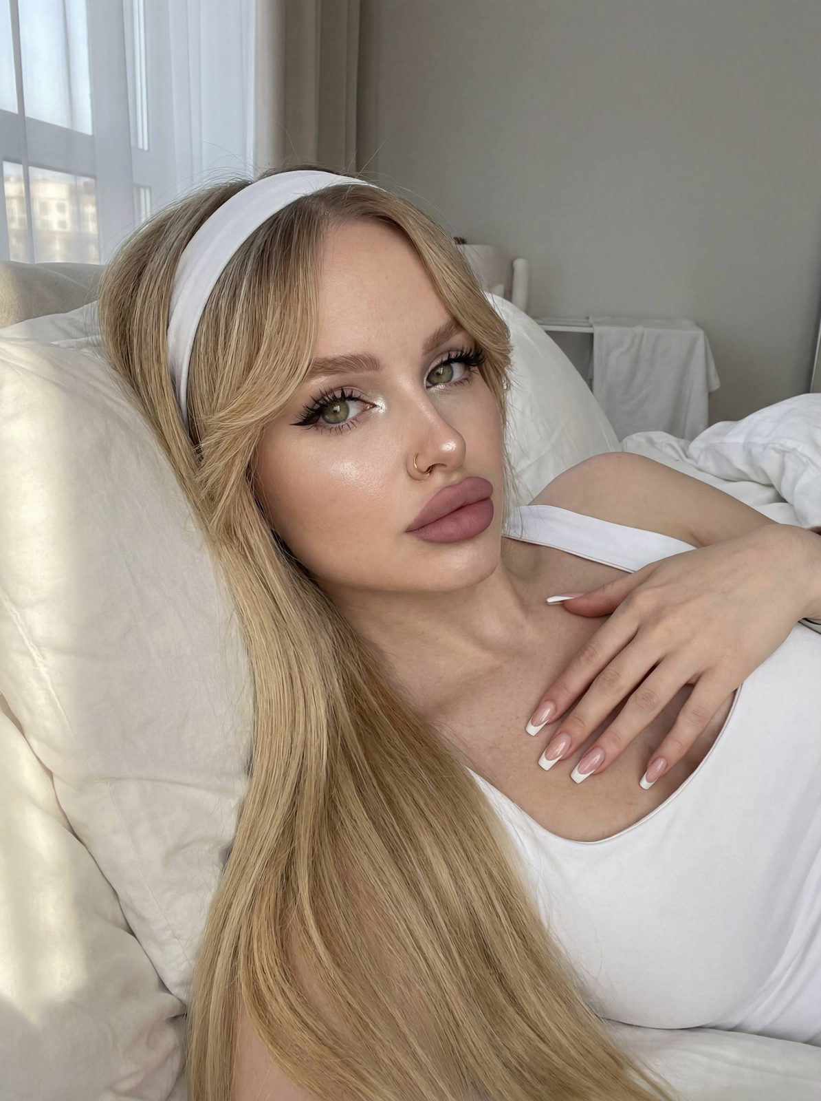 Cozy Bedroom Woman Lying White Tank Top