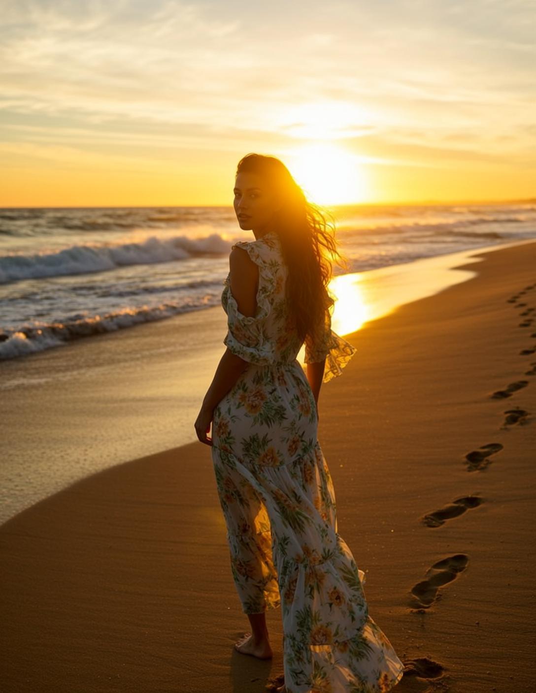 Floral Jumpsuit Beach Sunset