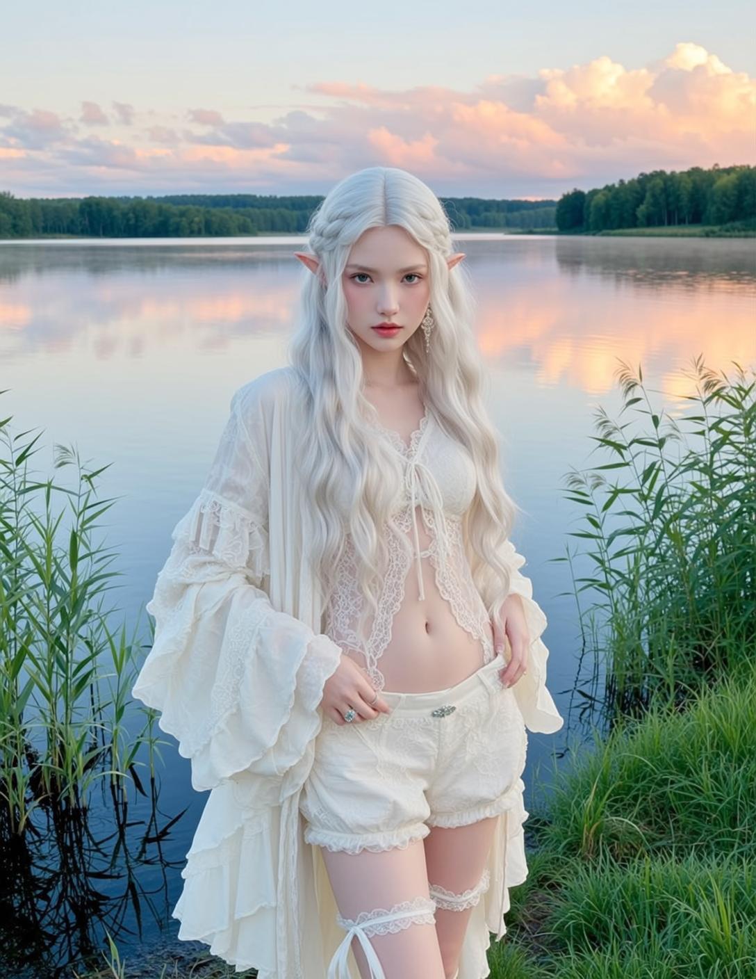Fairycore Young Pointed Ears Long Wavy White
