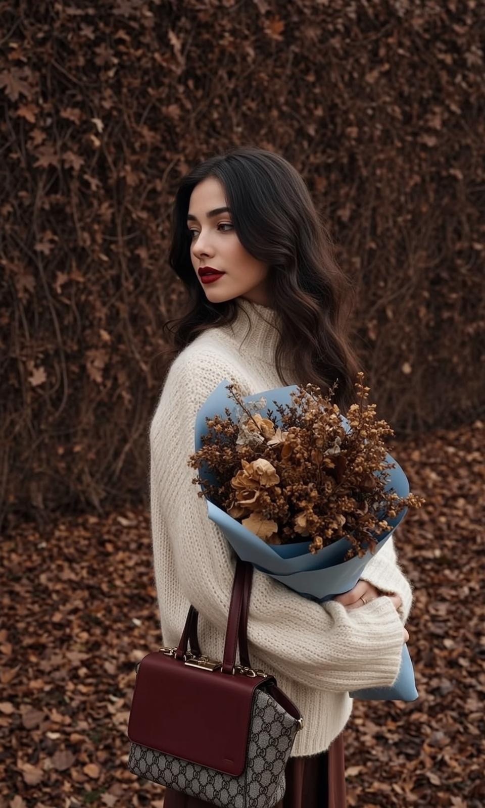 Autumn Stands Profile Facing Left Holding Bouquet