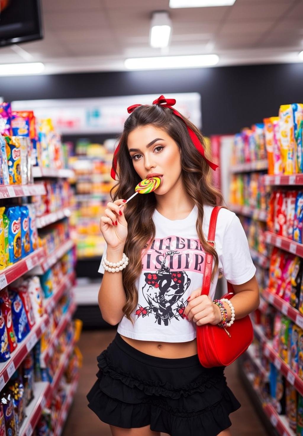 Young Woman Convenience Store Lollipop Handbag