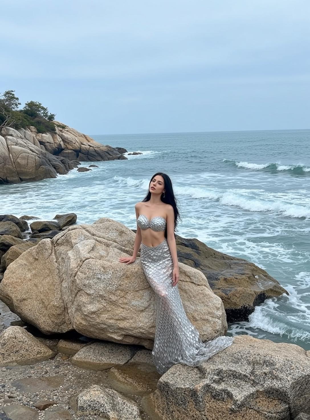 Silver Sequined Bikini Rocky Coastline Rocks Pebbles Ocean