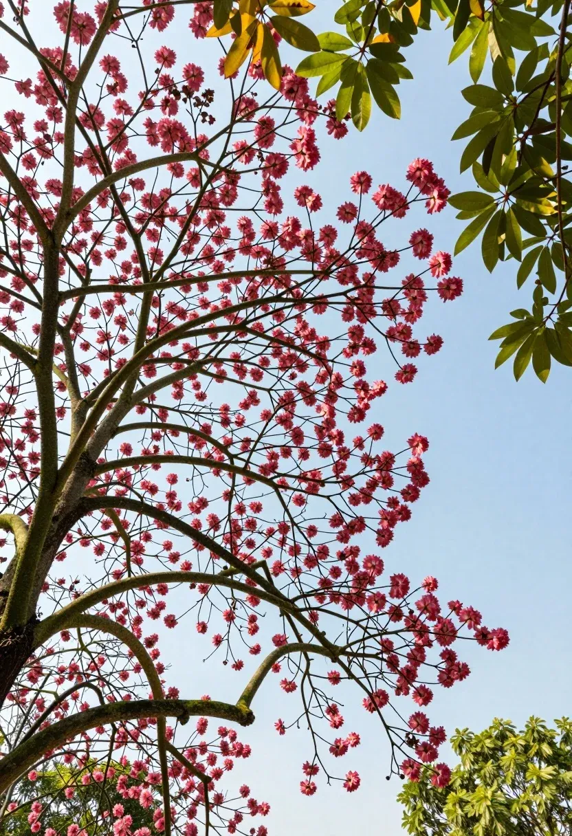 Low-angle View Looking Into The Canopy Flowering Tree Against Clear