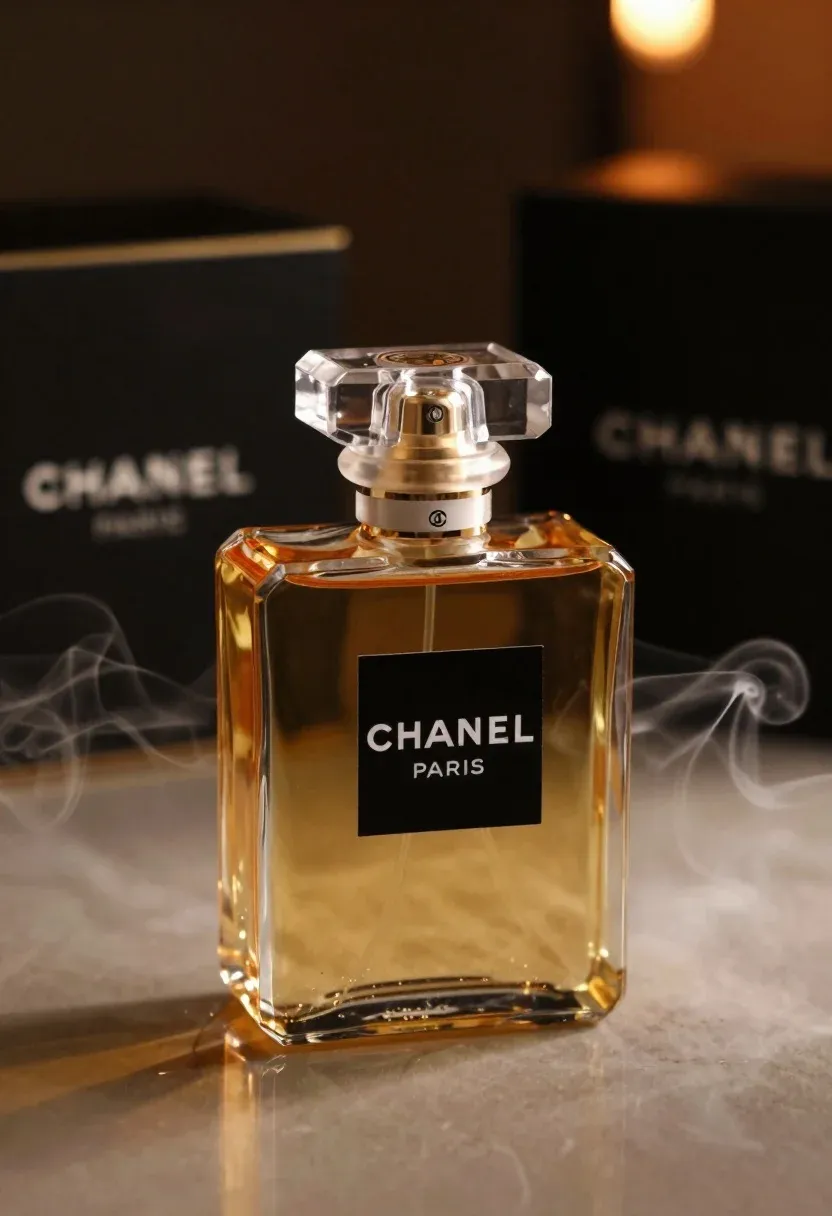 Luxurious Bottle Chanel Perfume Sits Elegantly Reflective Surface With Soft