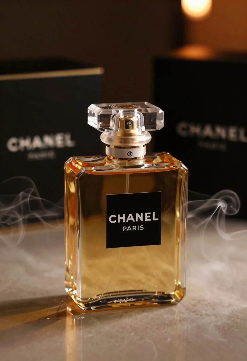 Close-up of a luxurious Chanel perfume bottle on a reflective surface with swirling soft smoke.