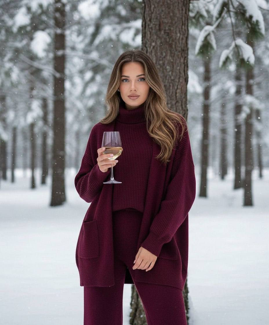 Ultra-detailed portrait of a woman in a snowy winter forest, wearing a deep burgundy knit set and holding a glass of white wine.