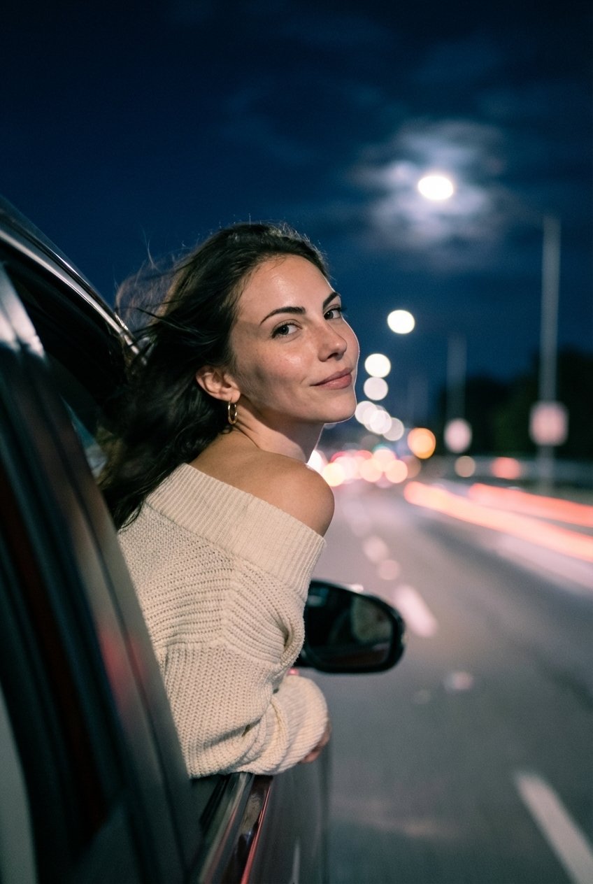 A serene portrait of a person smiling out of a car window on a summer night, wind in their hair and soft streetlights blurring past.