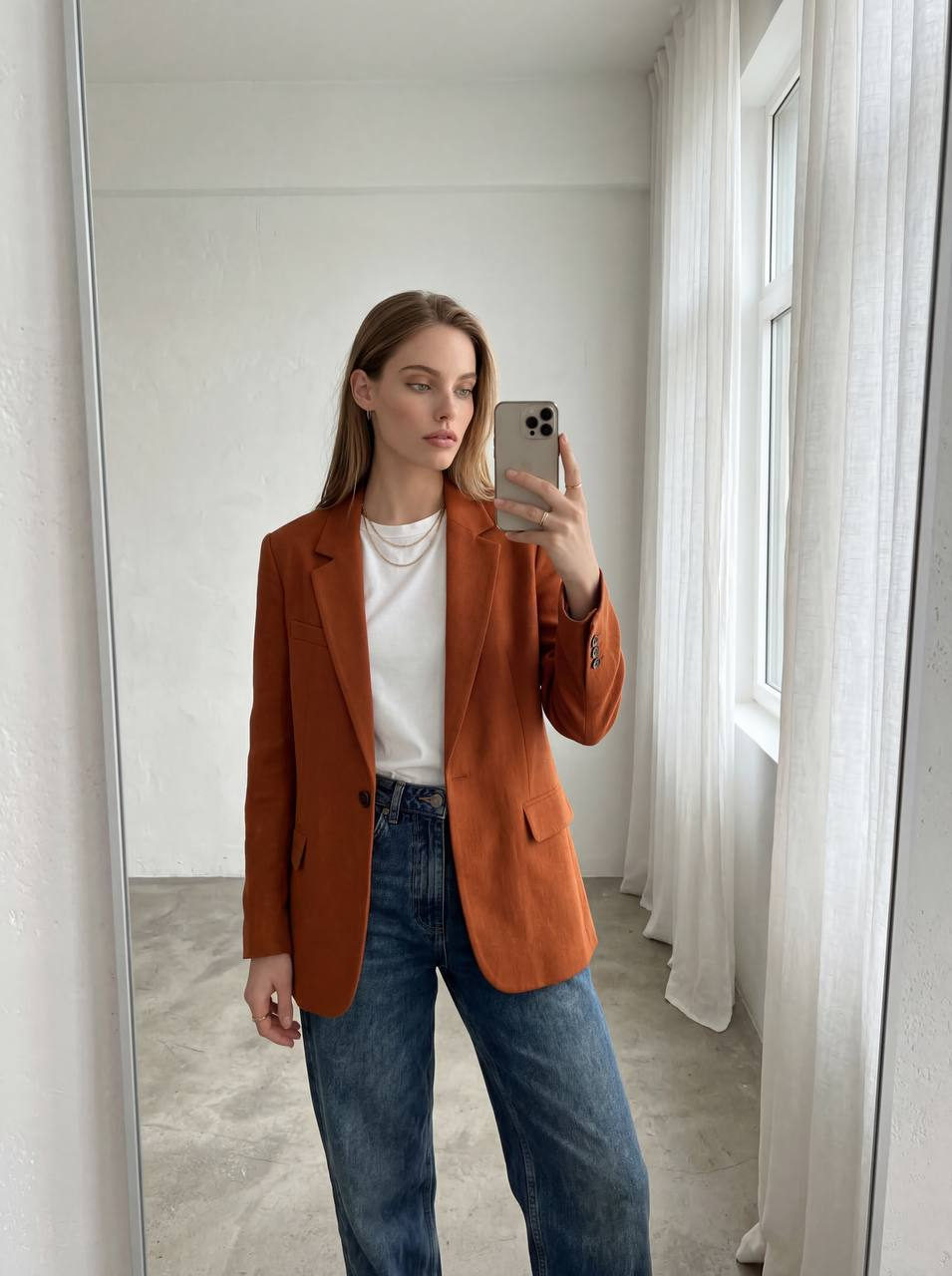 A professional hyper-realistic mirror selfie of a girl wearing a stylish dark orange blazer, reflecting natural beauty and soft daylight.