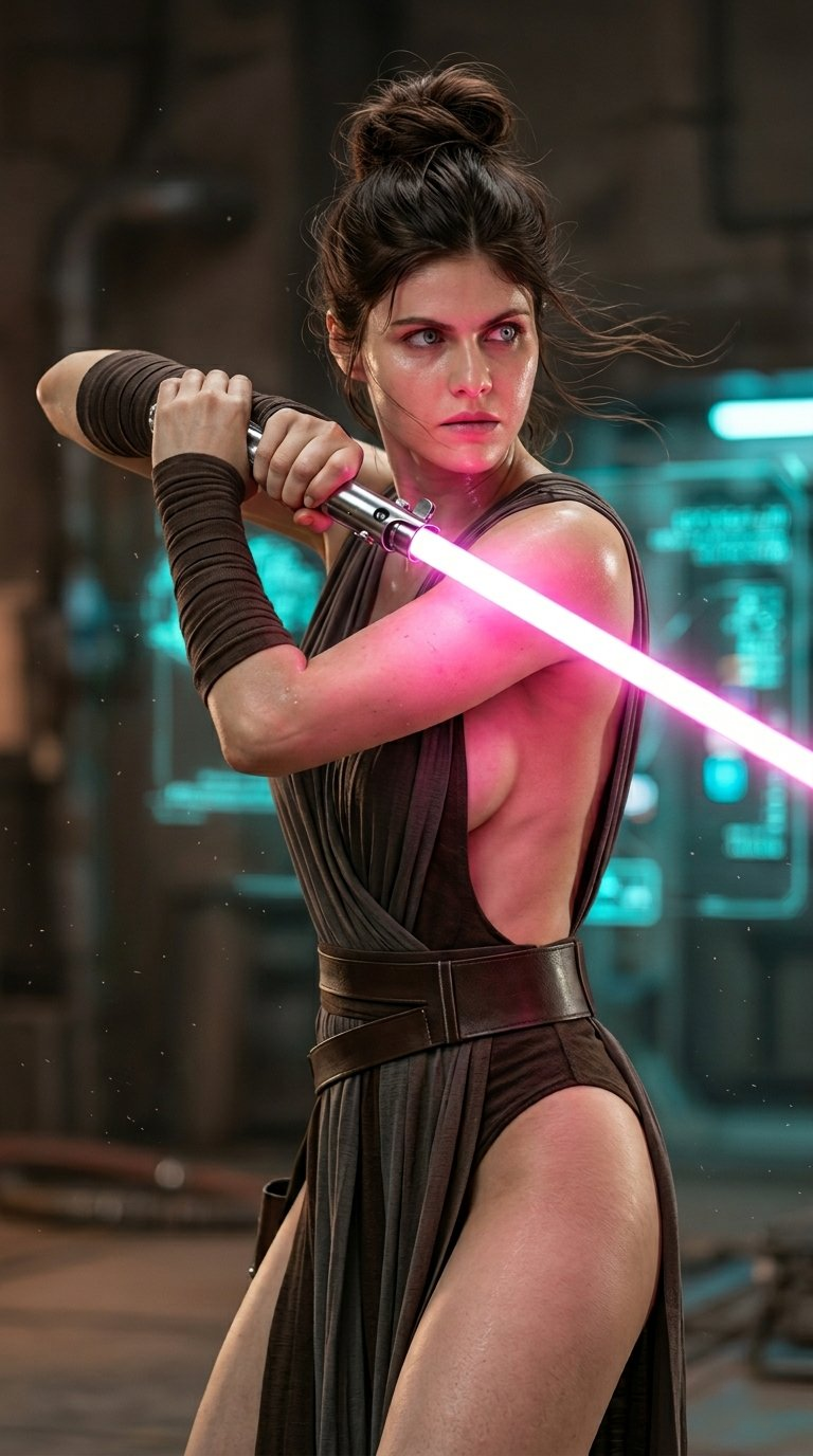 A woman with a pink lightsaber in a dramatic industrial setting, her face illuminated by the glowing weapon.